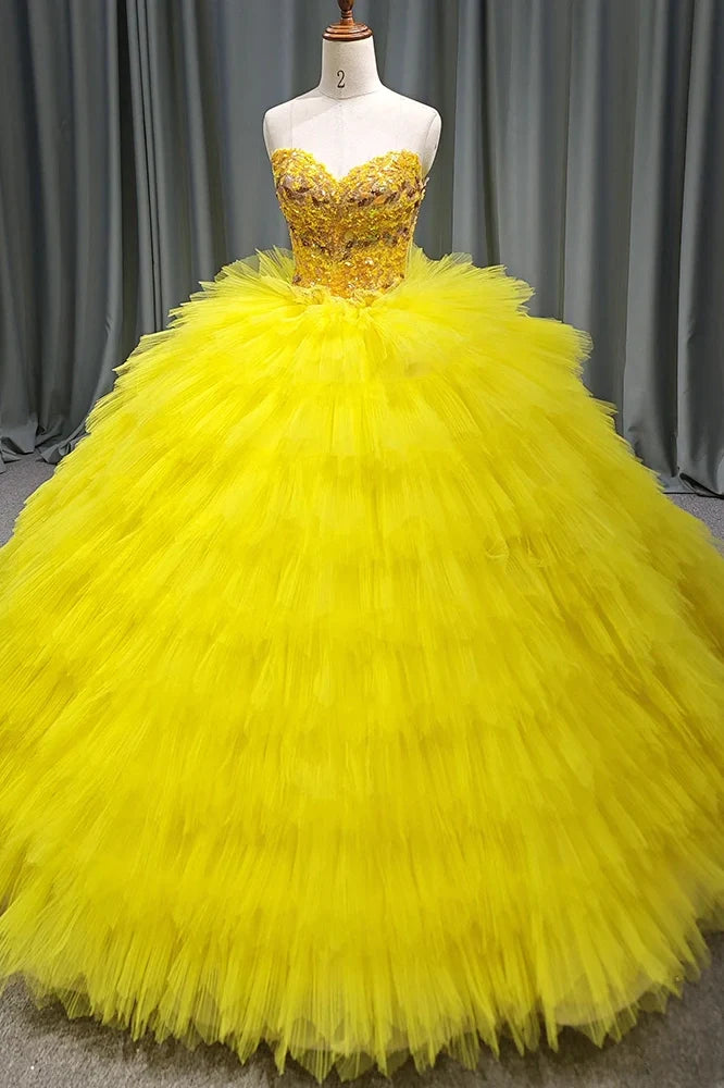 Yellow Quinceanera Dress Luxury Lace Party Dress Strapless Prom Ball Gown Quinceanera Gown