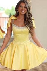 Yellow Satin Bow Strap Beaded A-Line Mini Homecoming Dress