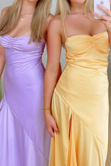 Dressystars Yellow Satin Spaghetti Straps Long Ruched Prom Dress With Slit Formal Evening Gown