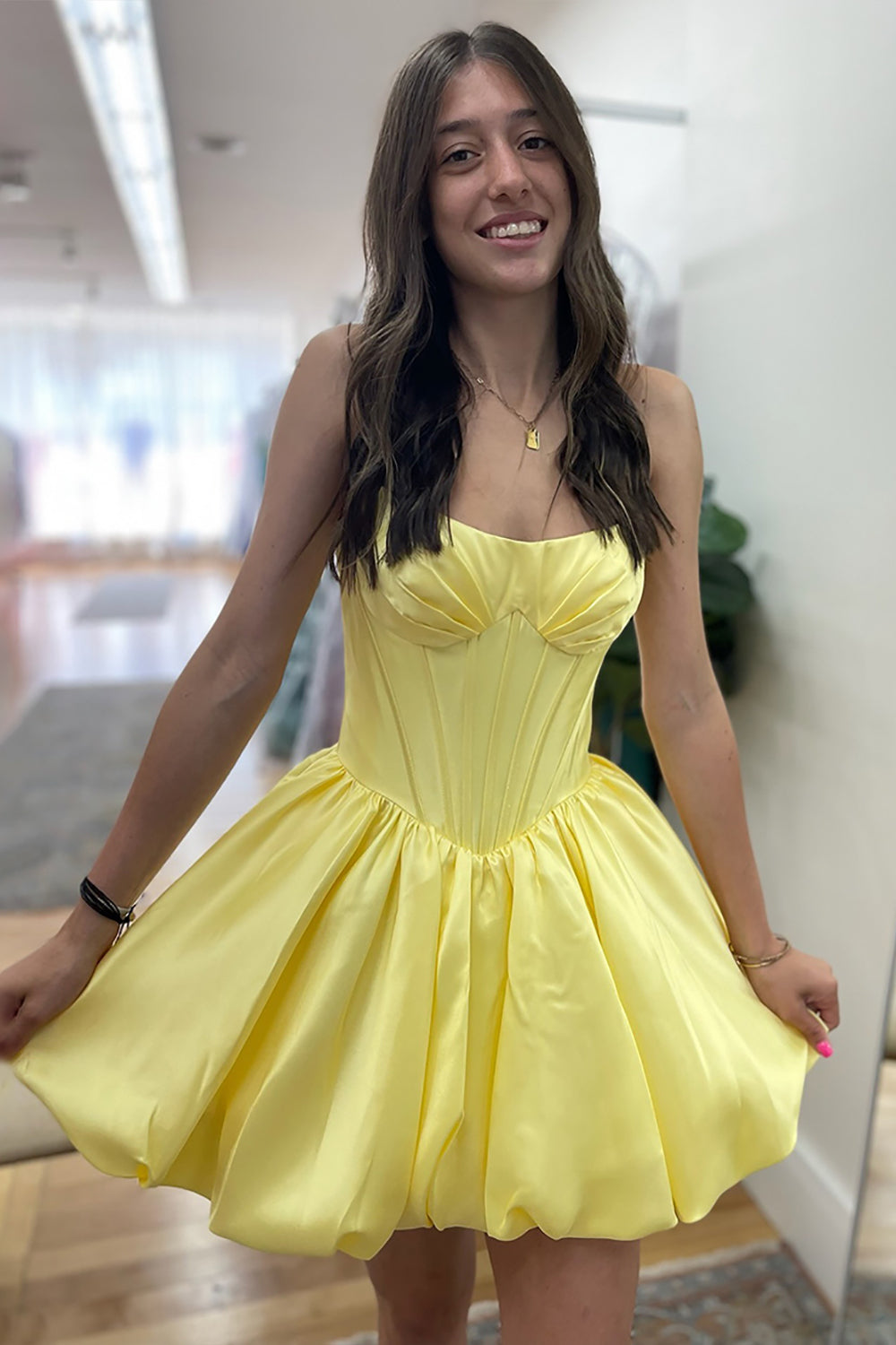Yellow Satin Strapless A Line Homecoming Dresses Short Corset Cocktail Dresses