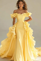Yellow Sheath/Column Prom Dress Cap Sleeve Off the Shoulder Ruffled Formal Dress