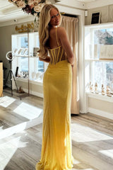 Yellow Spaghetti Straps Mermaid Gown With High Slit Prom Dress Formal Evening Gown