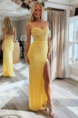 Yellow Spaghetti Straps Mermaid Gown With High Slit Prom Dress Formal Evening Gown