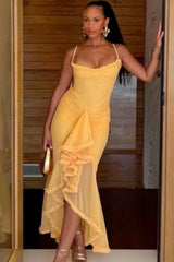 Yellow Spaghetti Straps Mermaid Prom Gown With Asymmetrical Ruffles Formal Evening Gown