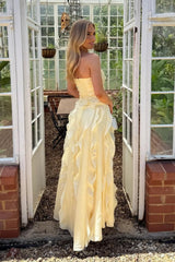 Yellow Strapless Ruffle Chiffon High Slit Long Prom Dress Formal Evening Gown