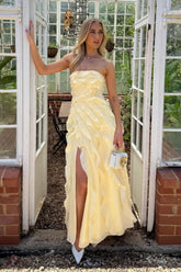 Yellow Strapless Ruffle Chiffon High Slit Long Prom Dress Formal Evening Gown