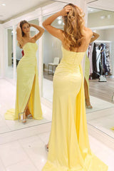 Yellow Strapless Satin Prom Dress With Long Silhouette And Side Slit Formal Evening Gown
