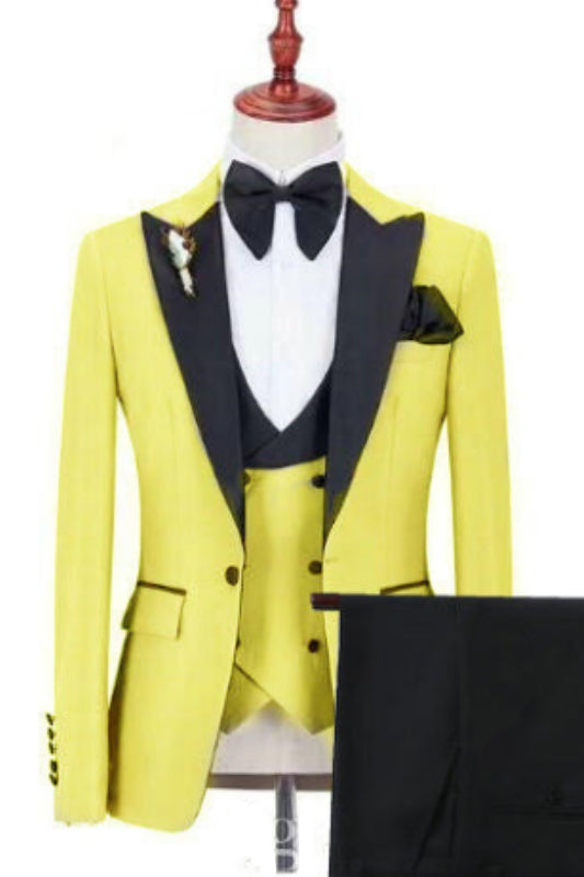 Yellow Three Piece Peaked Lapel Prom Suit