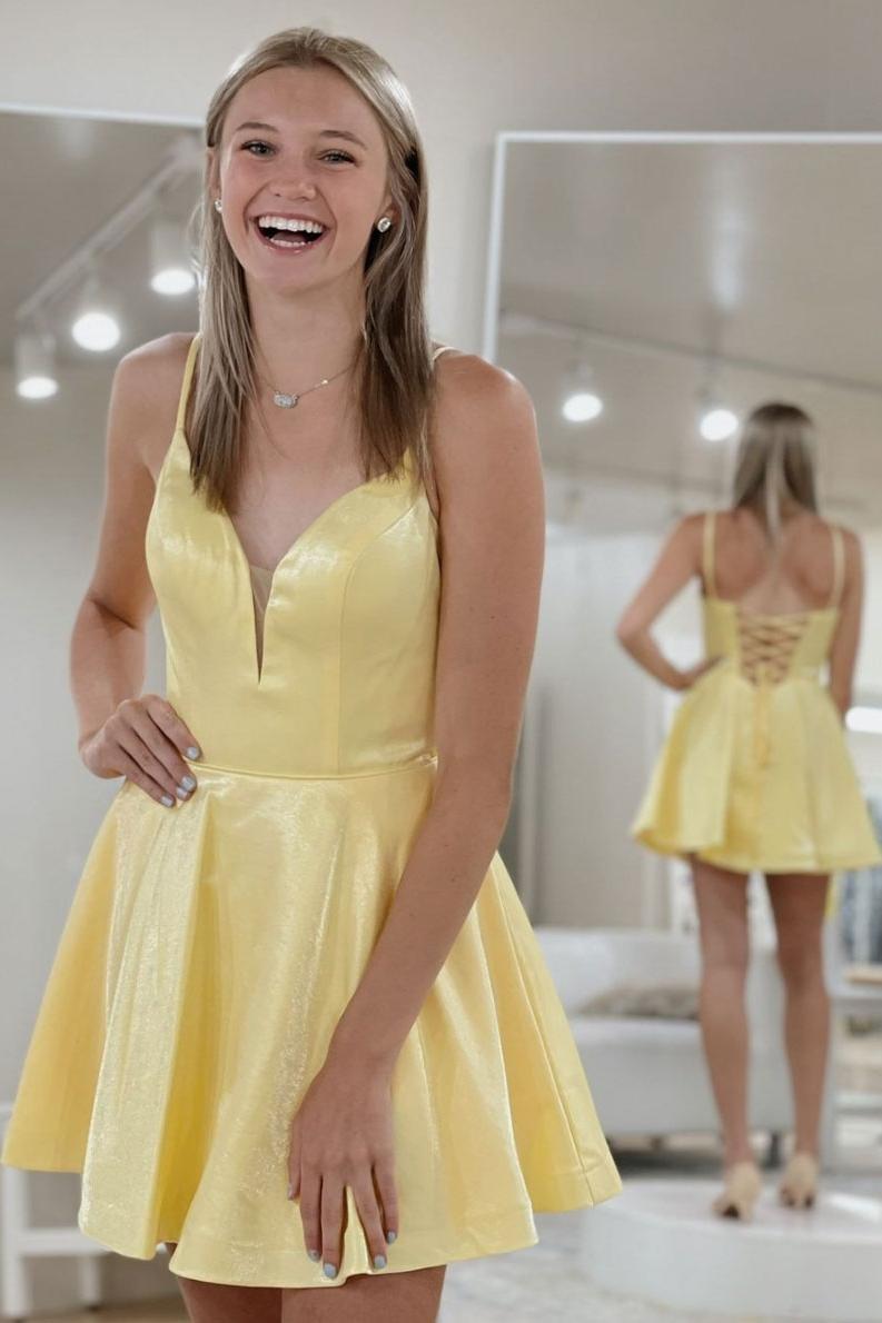 Yellow V Neck Homecoming Dress A Line Short Cocktail Dress