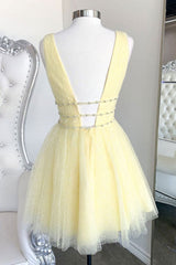 Yellow V Neck Homecoming Dress Tulle Sequin Short Formal Dress