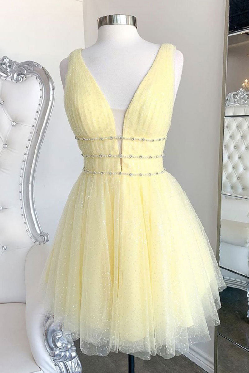 Yellow V Neck Homecoming Dress Tulle Sequin Short Formal Dress