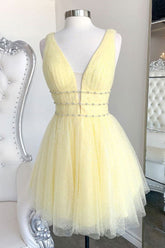 Yellow V Neck Homecoming Dress Tulle Sequin Short Formal Dress