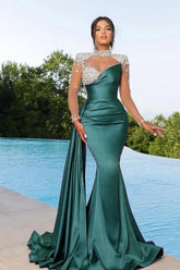 High-Neck Long Sleeve Formal Dresses Beaded Mermaid Satin Evening Dresses