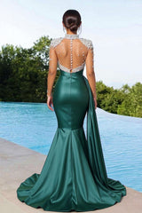 High-Neck Long Sleeve Formal Dresses Beaded Mermaid Satin Evening Dresses