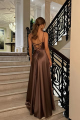 Dressystars Brown Luxe Silk-Look Long Evening Dress With Fitted Bodice Formal Evening Gown