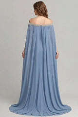 Dressystars Grey Blue Wedding Guest Dress Chiffon Off The Shoulder Formal Dress With Cape