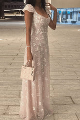 Pink Cap Sleeve Prom Dress Square Neck Beaded A Line Tulle Formal Gown