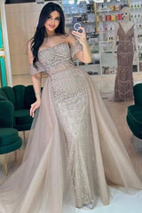 Dressystars Strapless Beaded Formal Dress Off the Shoulder Evening Gown With Detachable Train