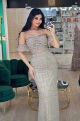 Dressystars Strapless Beaded Formal Dress Off the Shoulder Evening Gown With Detachable Train
