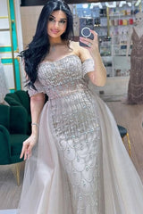 Dressystars Strapless Beaded Formal Dress Off the Shoulder Evening Gown With Detachable Train