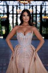 Dressystars Beaded Formal Dress Sweetheart Chamapgne Panel Train Prom Evening Gown