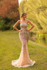Dressystars Strapless Prom Dress Mermaid Rhinestones Champagne Formal Dress