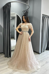 Dressystars A Line Formal Dress Off the Shoulder Beaded Prom Evening Gown
