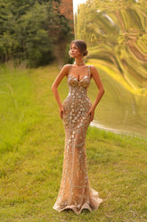 Dressystars Champagne Prom Dress Spaghetti Straps Rhinestones Mermaid Formal Dress