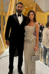 Dressystars Silver Square Neck Formal Dress Beaded Rhinestones Prom Evening Gown