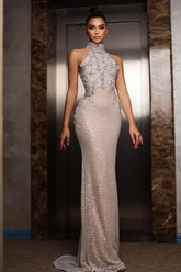 Dressystars Halter Formal Dress Silver Beaded Sheath/Column Evening Gown