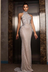 Dressystars Halter Formal Dress Silver Beaded Sheath/Column Evening Gown