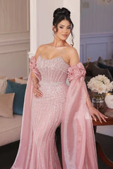 Dressystars Strapless Formal Dress Pink Sheath/Column Beaded Prom Evening Gown
