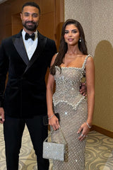 Dressystars Silver Square Neck Formal Dress Beaded Rhinestones Prom Evening Gown