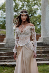 Dressystars Long Sleeve Formal Dress Off The Shoulder Evening Gown with 3D Flowers