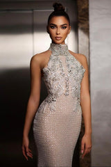 Dressystars Halter Formal Dress Silver Beaded Sheath/Column Evening Gown