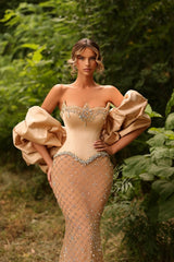 Dressystars Strapless Formal Dress Mermaid Beaded Evening Gown with Sleeves