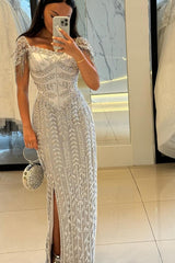 Dressystars Beaded Formal Dress Sheath/Column Cap Sleeve Evening Gown