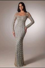 Dressystars Silver Long Sleeve Formal Dress Beaded Rhinestones Prom Evening Gown