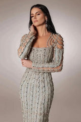 Dressystars Silver Long Sleeve Formal Dress Beaded Rhinestones Prom Evening Gown