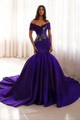Dressystars Purple Off The Shoulder Formal Dress Satin Mermaid Prom Dress with Rhinestones
