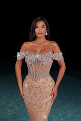 Dressystars Champagne Formal Dress Off the Shoulder Tulle Corset Prom Dress with Rhinestones