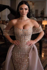 Dressystars Strapless Formal Dress Beaded Tulle Organza Prom Dress with Panel Train