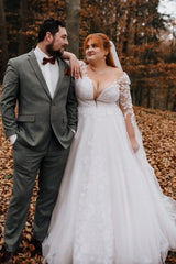 Dressystars Long Sleeve Plus Size Wedding Dress V Neck A Line Bridal Gown with Lace