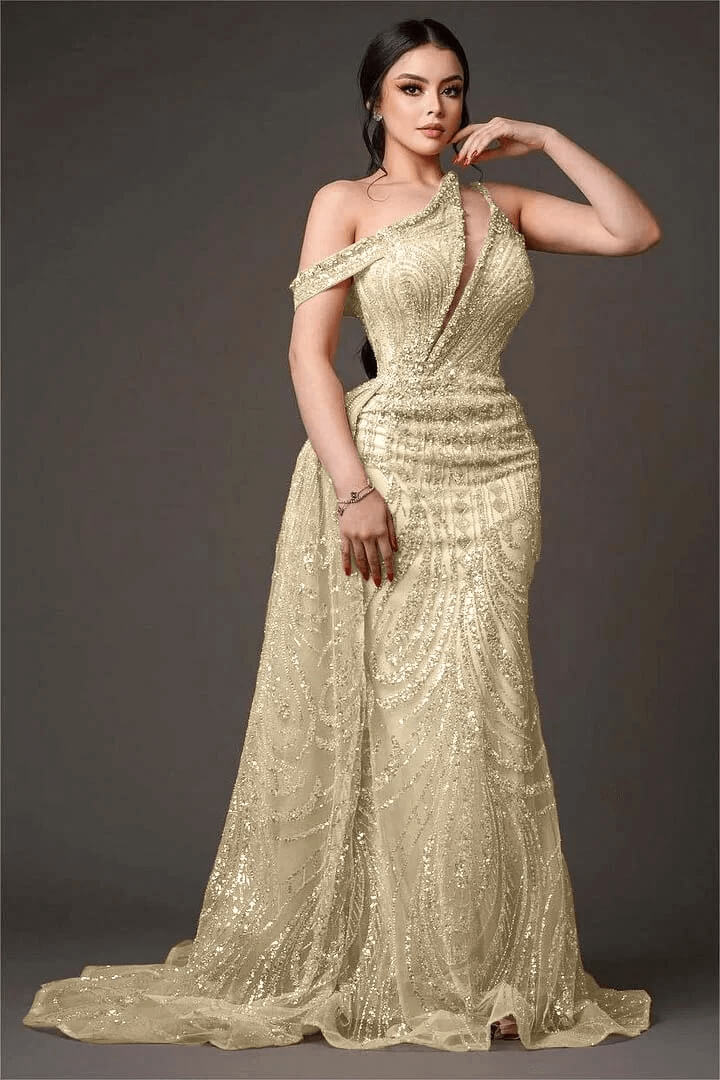 Champagne Mermaid Prom Dress Cap Sleeve Asymmetric Neck Formal Dress With Beadings and Rhinestones