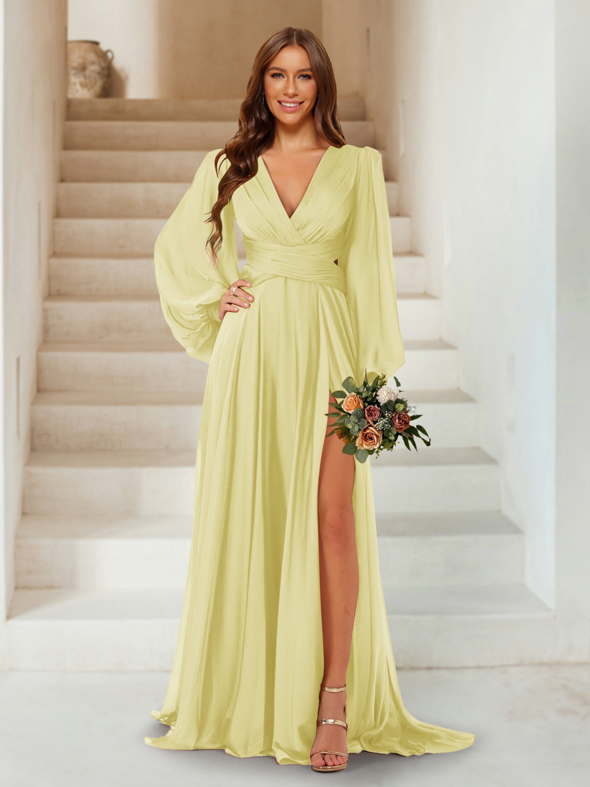 A-Line/Princess V-Neck Long Sleeves Floor Length Bridesmaid Dresses with Split Side Canary