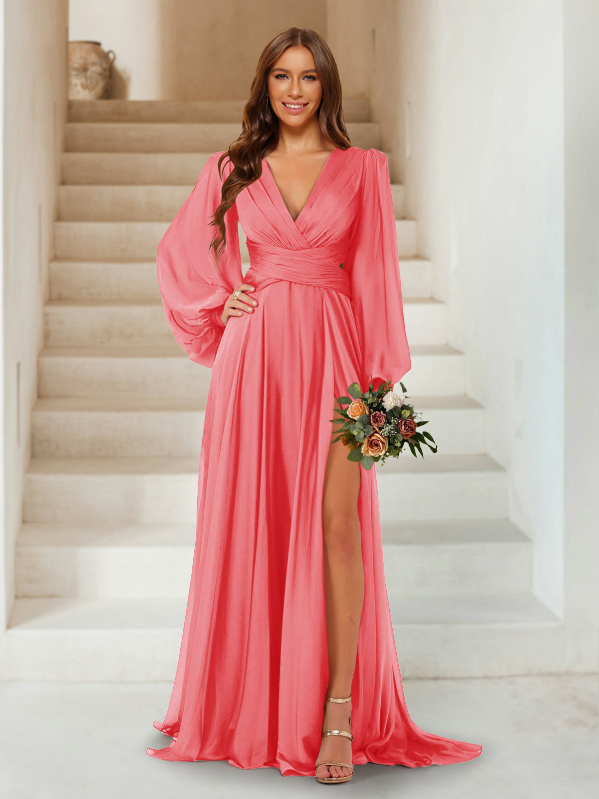 A-Line/Princess V-Neck Long Sleeves Floor Length Bridesmaid Dresses with Split Side Coral