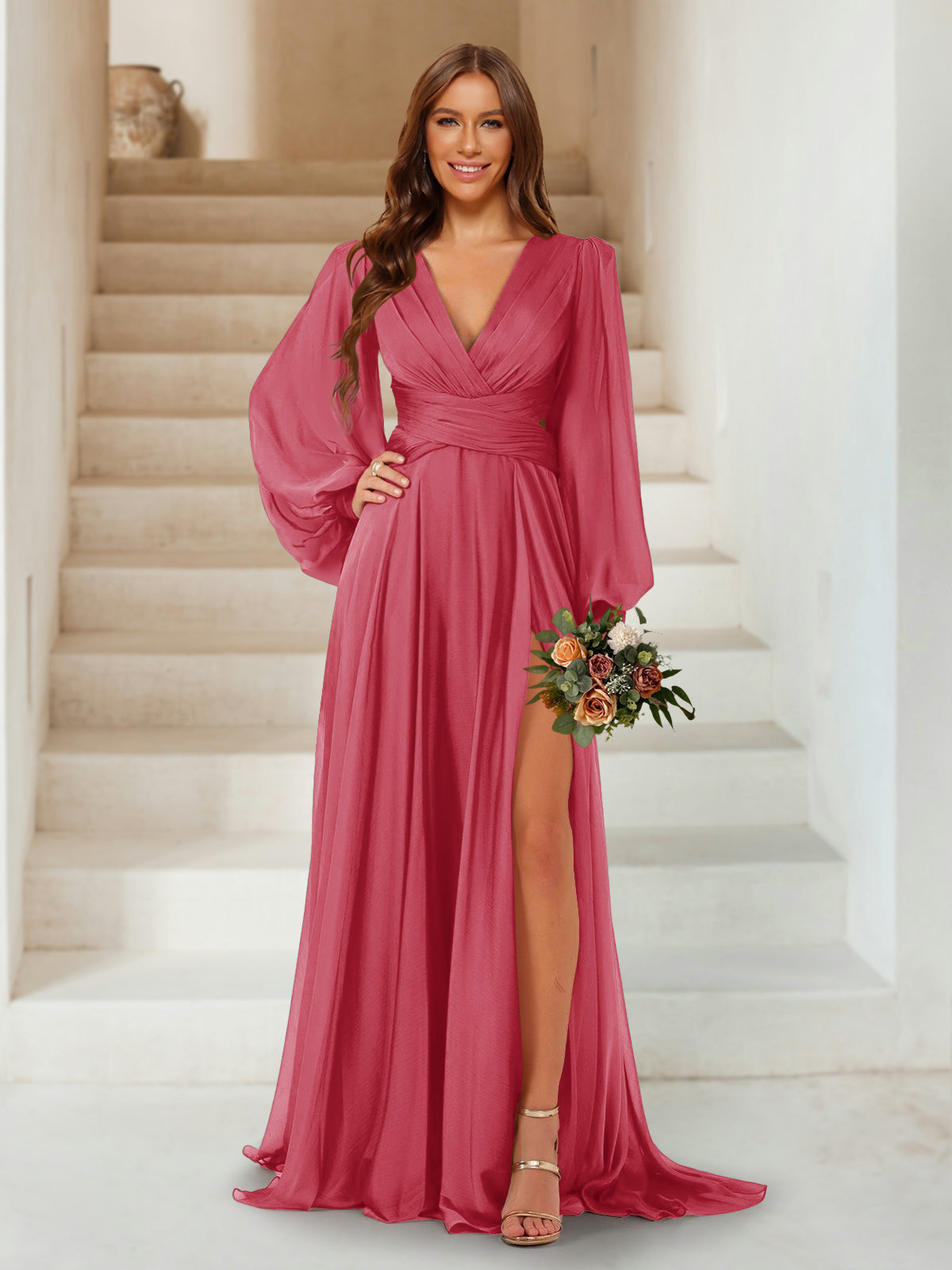 A-Line/Princess V-Neck Long Sleeves Floor Length Bridesmaid Dresses with Split Side Desert Rose