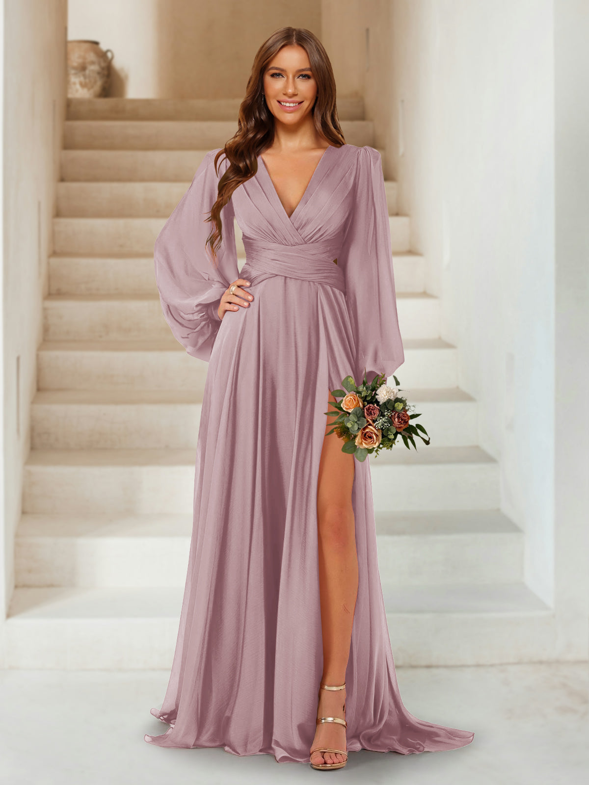 A-Line/Princess V-Neck Long Sleeves Floor Length Bridesmaid Dresses with Split Side Dusty Pink