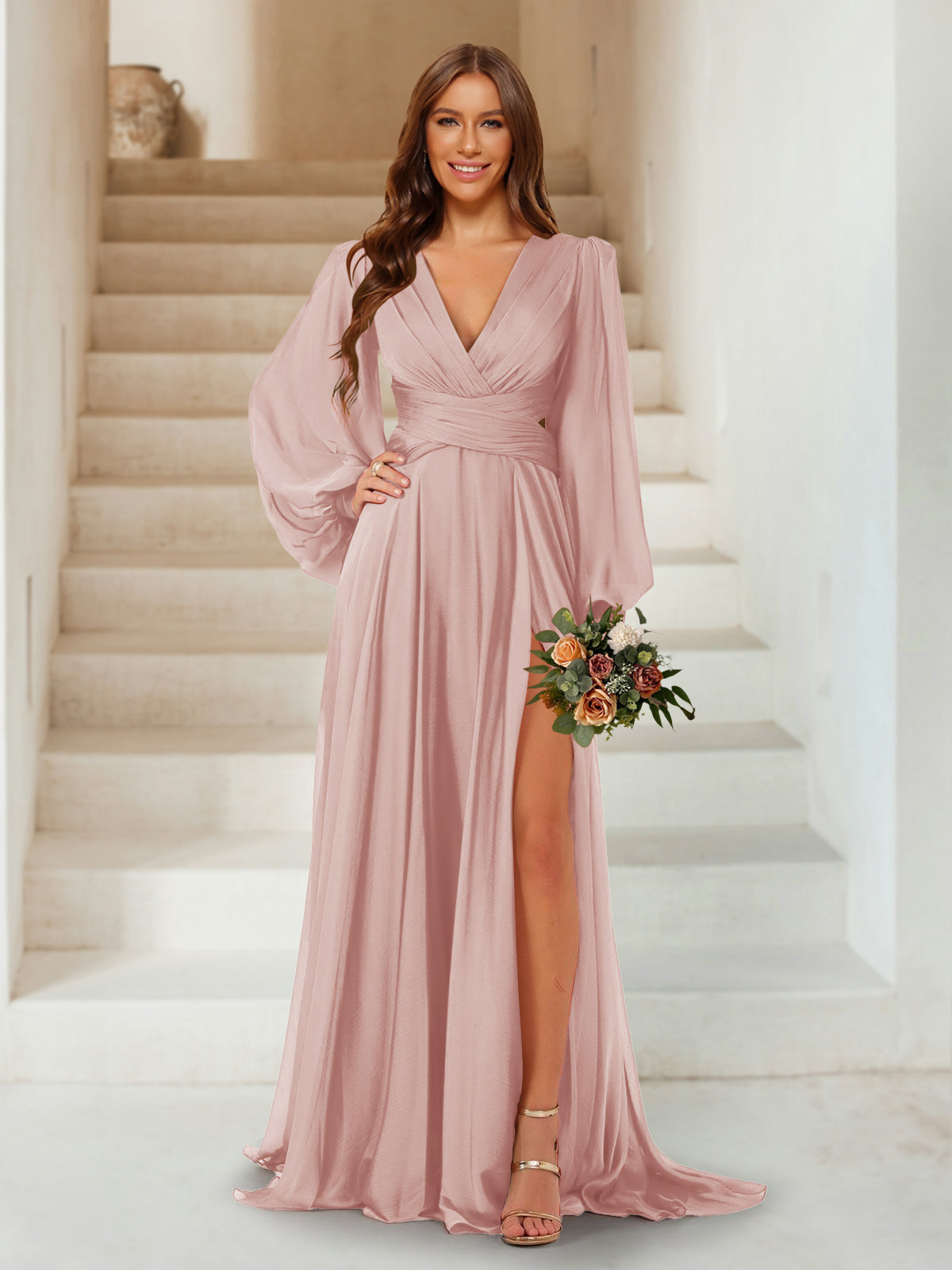 A-Line/Princess V-Neck Long Sleeves Floor Length Bridesmaid Dresses with Split Side Dusty Rose