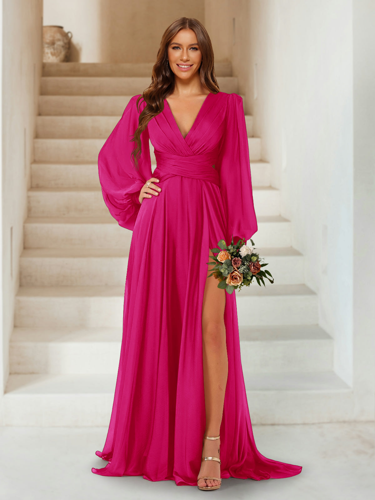 A-Line/Princess V-Neck Long Sleeves Floor Length Bridesmaid Dresses with Split Side Fuchsia